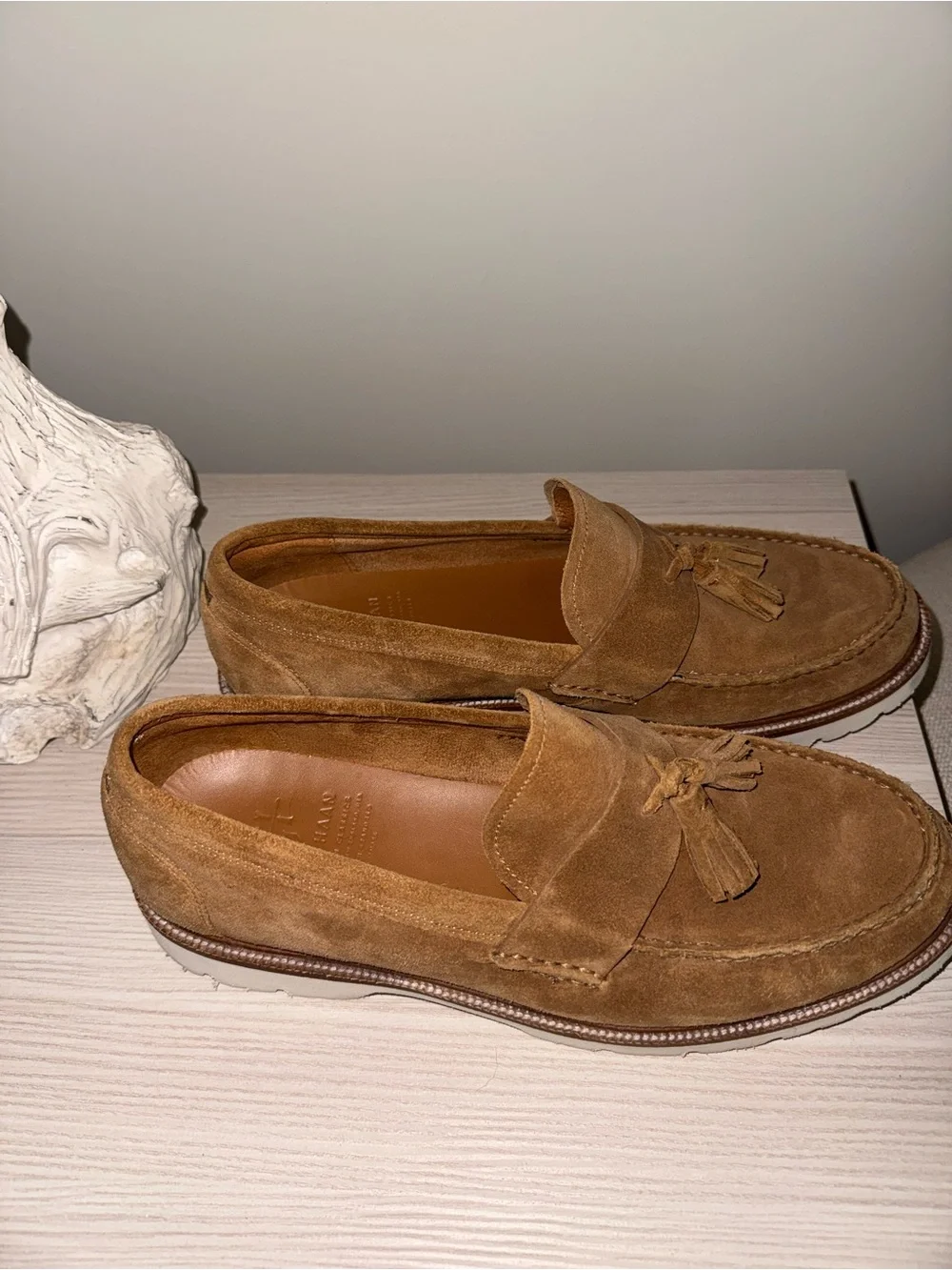 Cole Haan Tan Suede Tassel Loafers with White Lug Sole